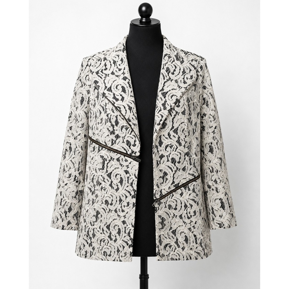 Boho Chic Lace Blazer Jacket Womens Small Ivory Black Excellent Floral Zipper
